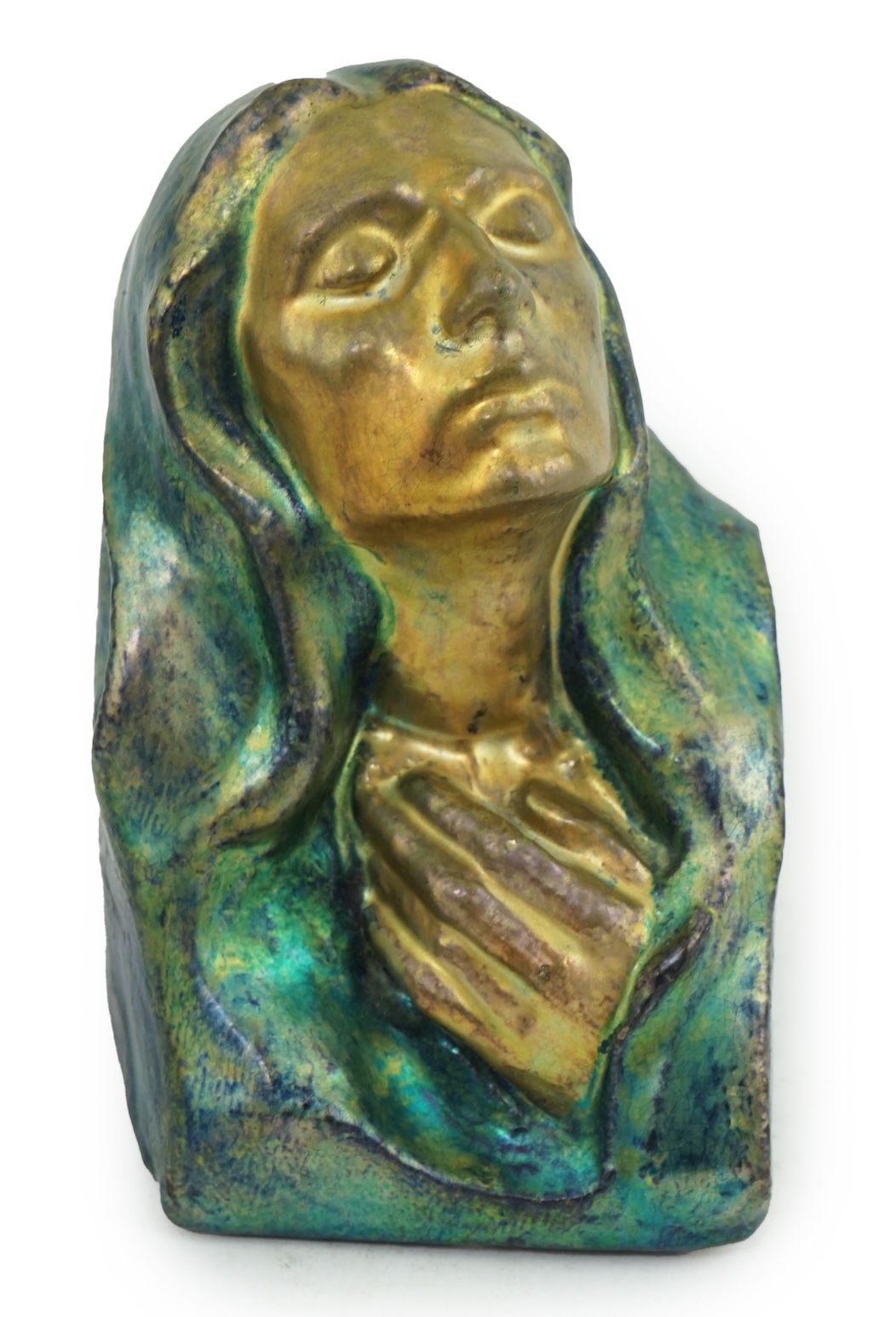 A rare Zsolnay eosin lustre bust of Madonna, modelled by Julia Laszlo Zsolnay, c.1910